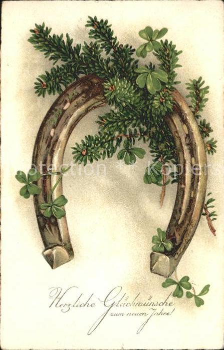 Hufeisen Kleeblätter Neujahr Litho