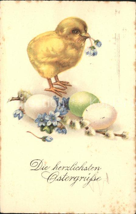 Ostern Easter Paques Küken Ostereier Leberblümchen Litho
