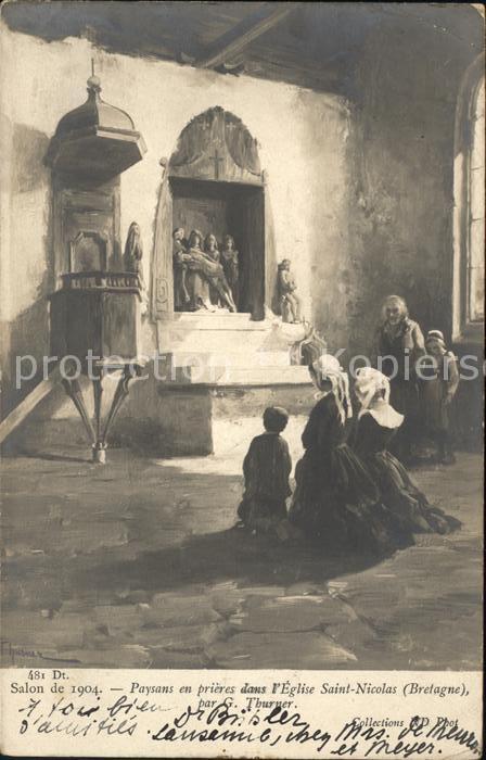 Kuenstlerkarte G. Thurner Paysans en prieres Eglise Sa