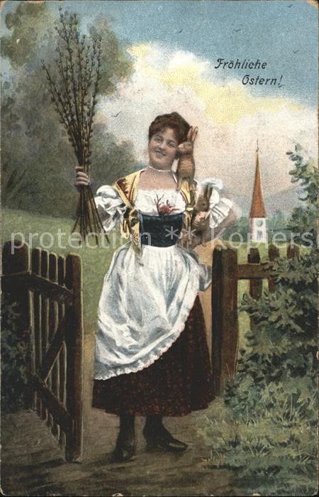 Ostern Easter Paques Hasen Weidenkätzchen Frau Tracht