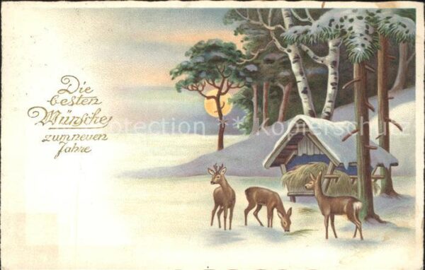 Neujahr Rehe Futterhaus Litho