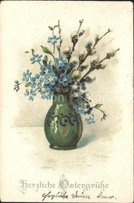 Ostern Easter Paques Vergissmeinnicht Weidenkätzchen Vase Li