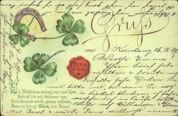 Kleeblatt Cloverleaf Trebol Trefle Hufeisen Siegel Gedicht Litho