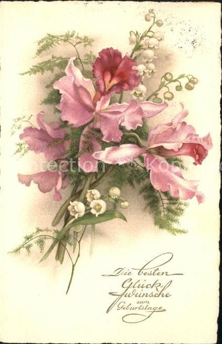 Blumen Lilien Maiglöckchen Geburtstag Litho