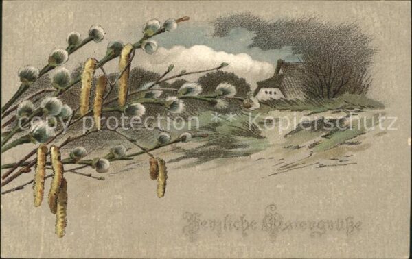 Ostern Easter Paques Weidenkätzchen Hasel Litho
