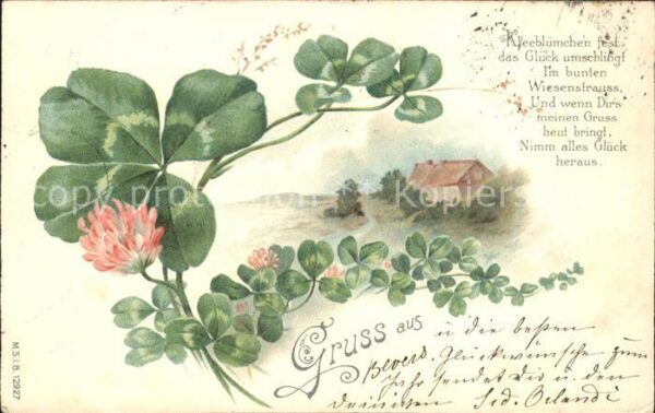 Kleeblatt Cloverleaf Trebol Trefle Kleeblumen Gedicht Litho