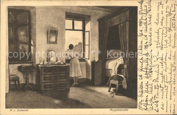 Kuenstlerkarte M. v. Schwind Morgenstunde Schlafzimmer