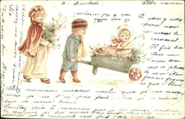 Kinder Child Enfants Schubkarre Stechpalme Litho