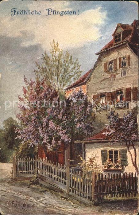 Pfingsten Pentecost Pentecote Haus Baum Blüten G. Fuhrmann