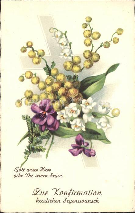 Konfirmation Veilchen Maiglöckchen Kreuz Litho