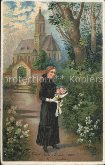 Konfirmation Mädchen Rosen Kirche Litho