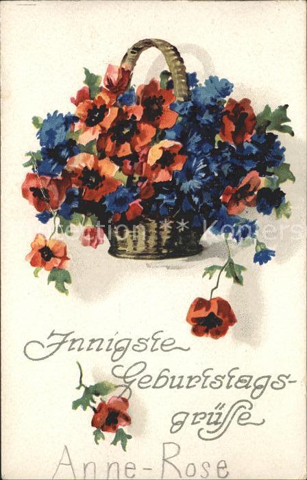 Geburtstag Mohnblumen Kornblumen Korb Litho