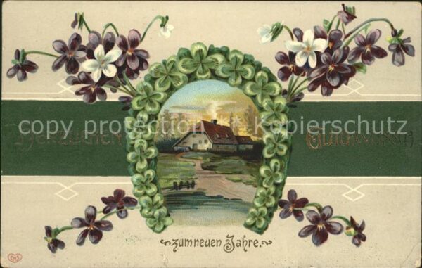 Hufeisen Kleeblätter Veilchen Neujahr Litho