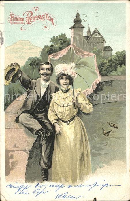 Pfingsten Pentecost Pentecote Paar Hutmode Damen-Sonnenschirm Litho