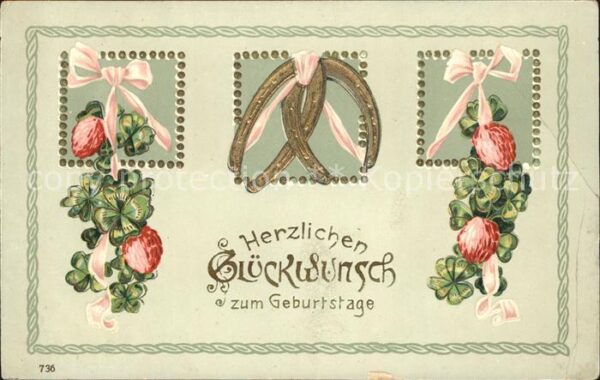 Geburtstag Kleeblätter Kleeblumen Hufeisen Litho