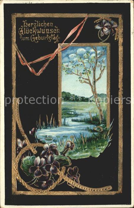 Geburtstag Veilchen Baum Fluss Litho