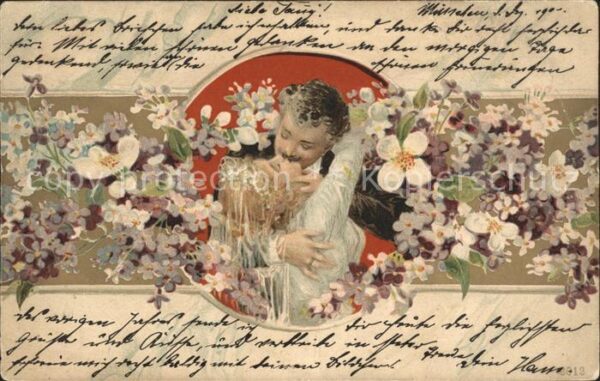 Hochzeit Paar Kuss Blumen Litho