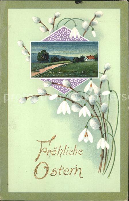 Ostern Easter Paques Schneeglöckchen Weidenkätzchen Litho