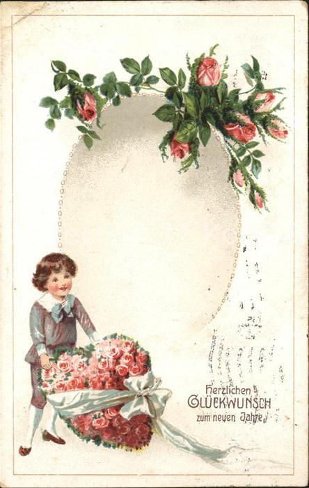 Neujahr Kind Rosen Herz Schleife Litho