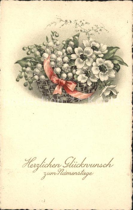 Namenstag Namenskarte Maiglöckchen Weisse Anemonen Litho