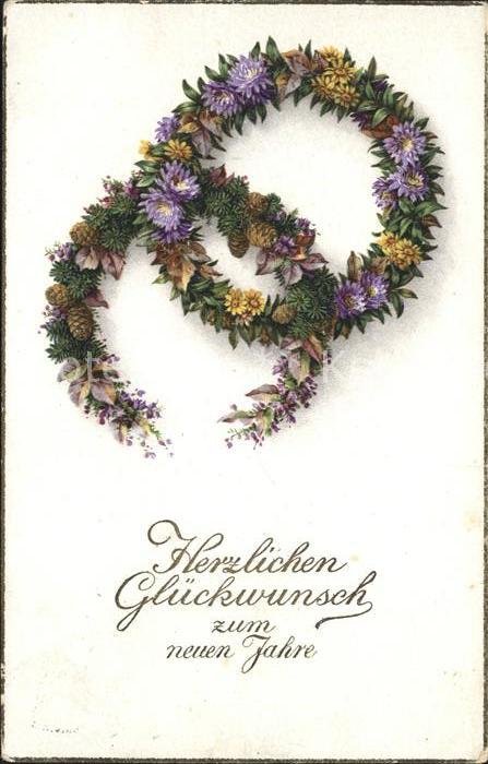 Neujahr Blumen Blumenkranz Tannenzapfen Litho