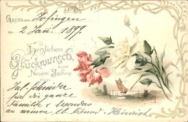 Neujahr Nelken Segelboot Litho