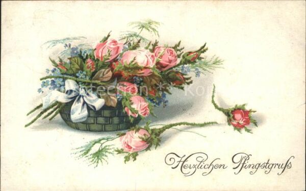 Pfingsten Pentecost Pentecote Rosen Vergissmeinnicht Litho