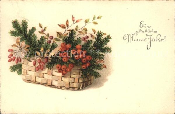 Neujahr Korb Stechpalmenbeeren Hagebutten Litho