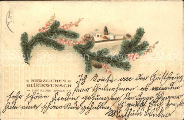 Neujahr Tannenzapfen Litho