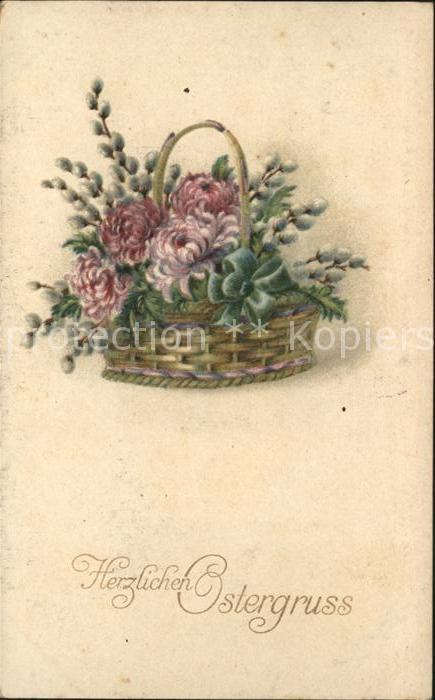 Ostern Easter Paques Dahlien Weidenkätzchen Korb Litho