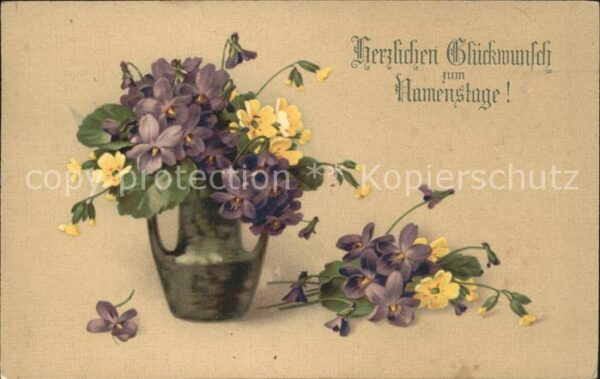 Namenstag Namenskarte Veilchen Schlüsselblumen Vase