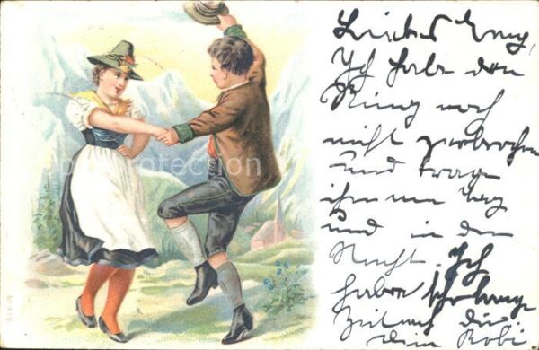 Tanz Taenzer Paar Trachten Schweiz Litho