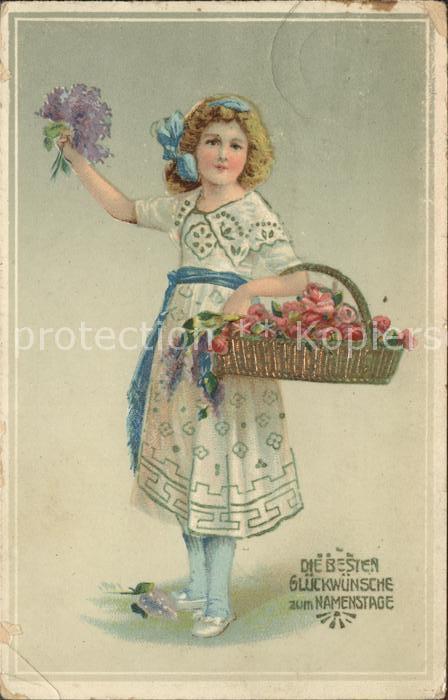 Namenstag Namenskarte Kind Rosen Korb Litho