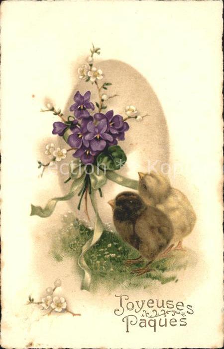 Ostern Easter Paques Veilchen Küken Osterei Schleife Litho