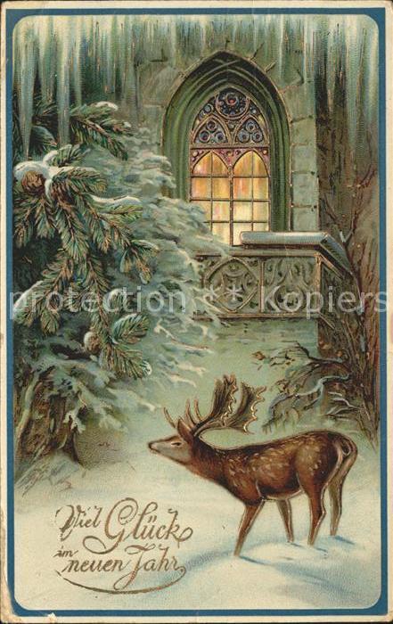 Hirsch Neujahr Litho