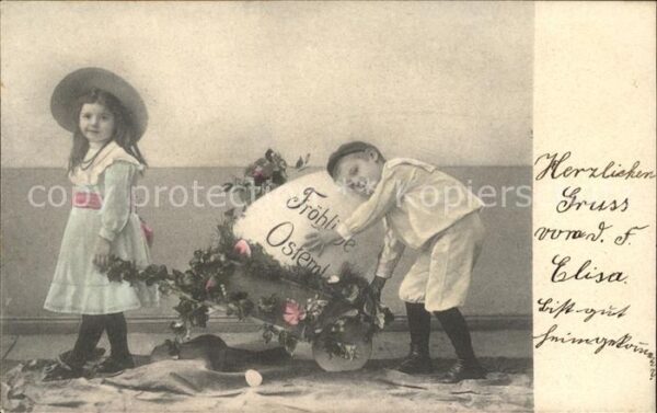 Kinder Child Enfants Ostern Ei Schubkarre Blumen