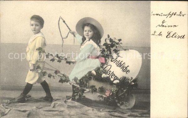 Kinder Child Enfants Ostern Ei Schubkarre Blumen
