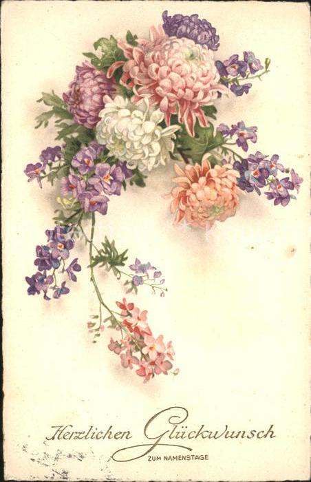 Namenstag Namenskarte Glückwunsch Dahlien Veilchen Litho