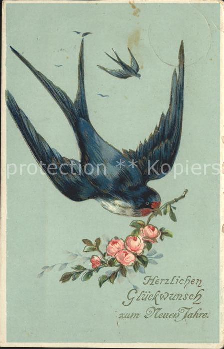 Neujahr Schwalbe Rosen Litho