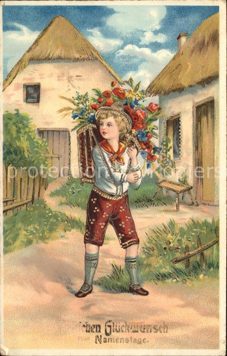 Namenstag Namenskarte Kind Blumen Korb Litho