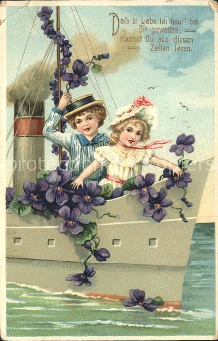 Dampfer Oceanliner Kinder Hutmode Veilchen Gedicht Litho