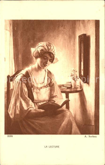 Kuenstlerkarte A. Sorkau La Lecture Nr. 0568 Frau Buch