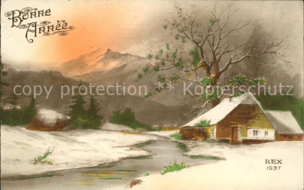 Verlag REX Nr. 1937 Neujahr Haus Schnee Baum Berge