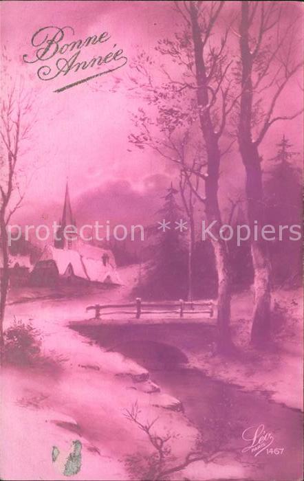 Verlag Leo Nr. 1467 Neujahr Kirche Fluss Brücke Bäume