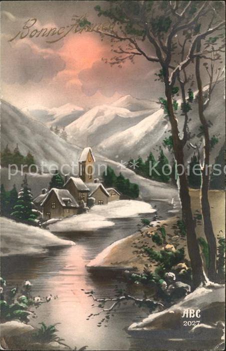 Verlag ABC Nr. 2027 Neujahr Kirche Fluss Berge Bäume N