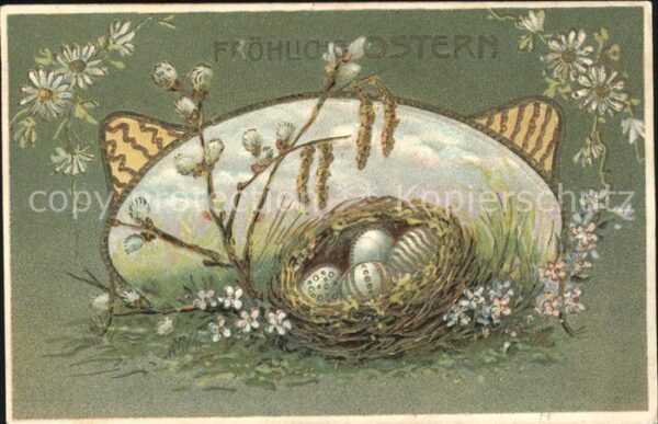 Ostern Easter Paques Weidenkätzchen Nest Ostereier Gänseblüm