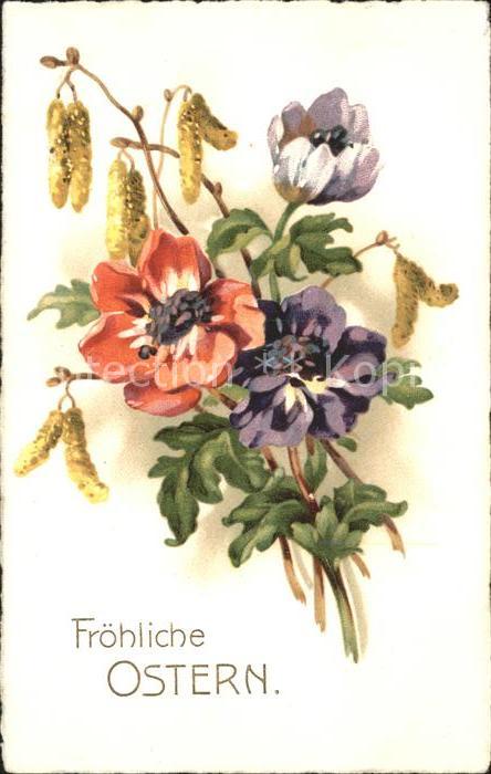 Ostern Easter Paques Anemonen Weidenkätzchen Litho