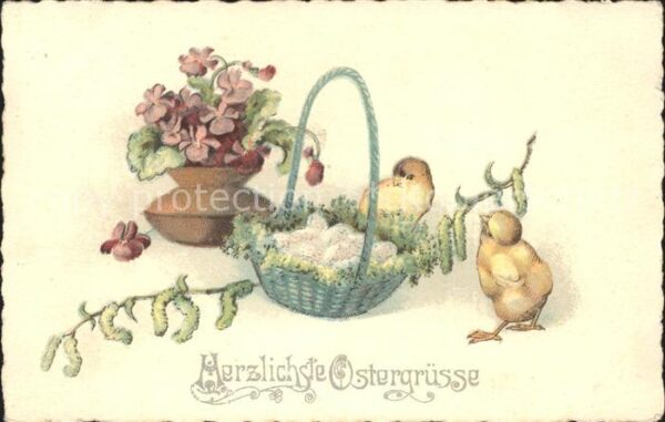Ostern Easter Paques Küken Eier Korb Veilchen Weidenkätzchen
