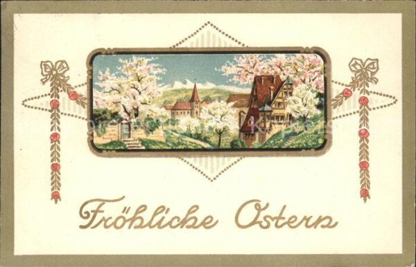Ostern Easter Paques Kirche Bäume Blüten Litho