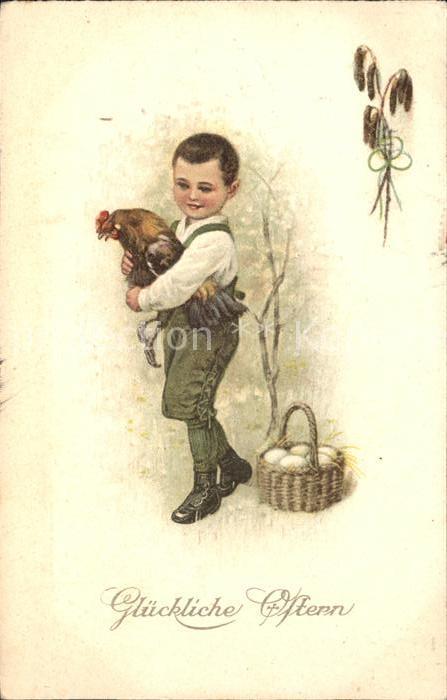 Ostern Easter Paques Kind Hahn Eier Korb Litho